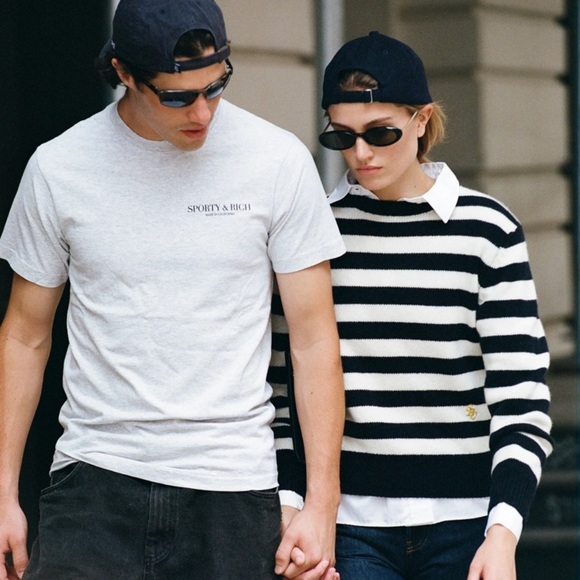 Sporty & Rich SRC Wool Striped Crewneck Knit Sweater Top Navy Off White